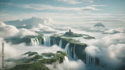 A dreamlike fantasy world with floating islands and cascading waterfalls, surrounded by a sea of clouds. Nature concept. Copy space.