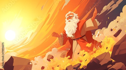 Cartoon depiction of prophet Elijah standing in fire with his arms held wide, with a background of a fiery sky behind him. Concepts of faith, religion, history and holiness.