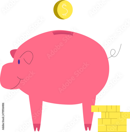 Pink piggy bank with coin above slot, next to a stack of gold bars. Simple savings concept, investment growth idea. Financial success and wealth accumulation vector illustration.