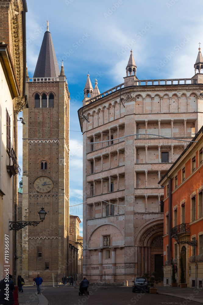 Picture of view of the baptistery and cathedral of Parma in Duomo square , Italy