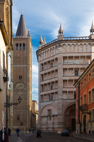 Picture of view of the baptistery and cathedral of Parma in Duomo square , Italy photo