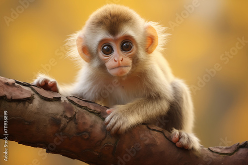Cute Baby Monkey Holding onto a Tree with Big Eyes and Little Hands generative ai