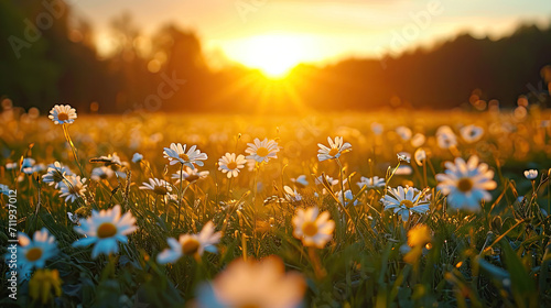 field of flowers at sun set  #711937012