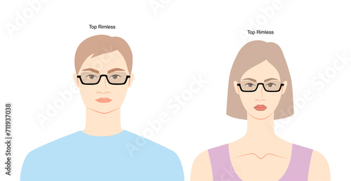 Top Rimless frame glasses on women and men flat character fashion accessory illustration. Sunglass unisex silhouette style, rim spectacles eyeglasses, lens sketch outline isolated on white background