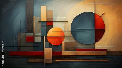Abstract geometric shapes artwork with circles and rectangles in warm and cool tones, modern background design