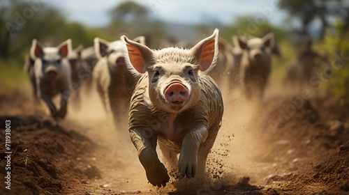 A cute piglet is running in the middle of the herd