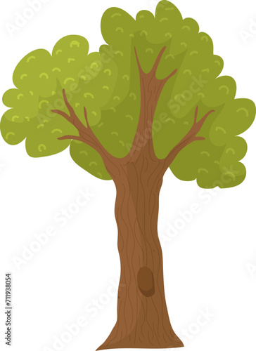 Cartoon green tree with lush foliage and brown trunk. Simple nature element, ...
