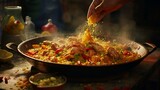A dynamic shot capturing the moment when a ladle is used to serve a portion of Chicken Paella, with the rice forming an appealing mound