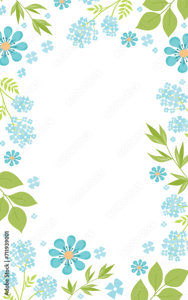 Blue and green floral border design with leaves and flowers. Spring or summer invitation frame. Decorative nature-themed vector illustration. Blue and green floral border design with leaves and flowers. Spring or summer invitation frame. Decorative nature-themed vector illustration.