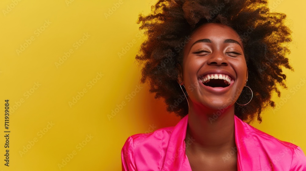 Smiling Woman With Curly Hair in Pink Shirt Generative AI Smiling Woman With Curly Hair in Pink Shirt Generative AI