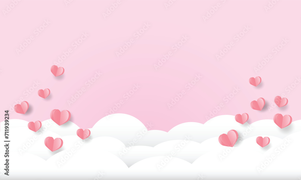 valentine day, hearts and clouds in the sky , paper art style