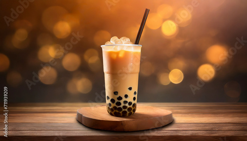 Pearls of Flavor: Bubble Tea on Wood with a Subtle Brown Background photo