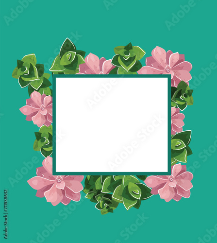 Floral frame with colorful flowers and green leaves on teal background. Flora...