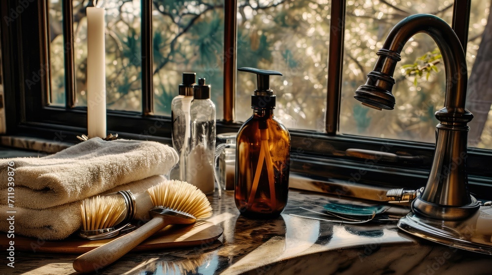 Eco-friendly cleaning set with amber soap bottle and wooden dish brushes Eco-friendly cleaning set with amber soap bottle and wooden dish brushes