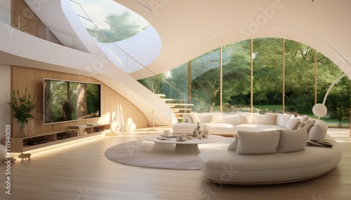 View of aesthetic eco-friendly house. A curved style minimalist sofa covered in fine fabric and a smart TV on the cream walls and the room is spacious. Environmentally friendly room concepts.