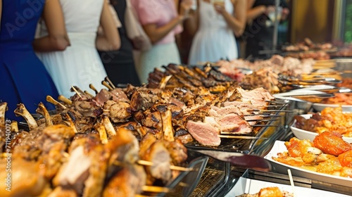 Group of people on catering buffet food indoor in restaurant with grilled meat.  