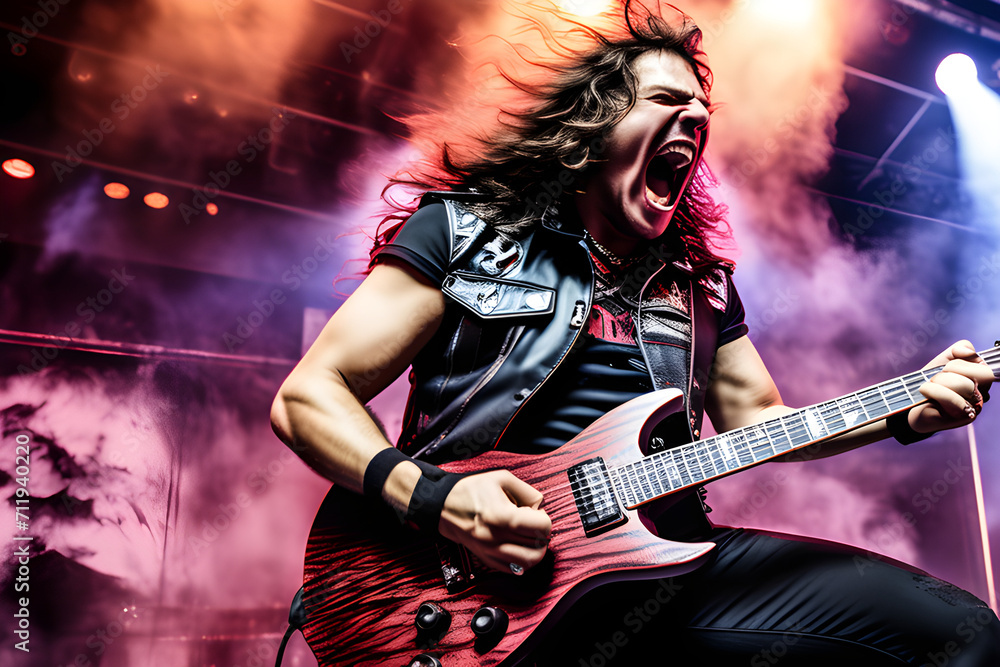 Fototapeta premium Music Madness: Heavy and thrash metal dynamic stage frontman generative ai 