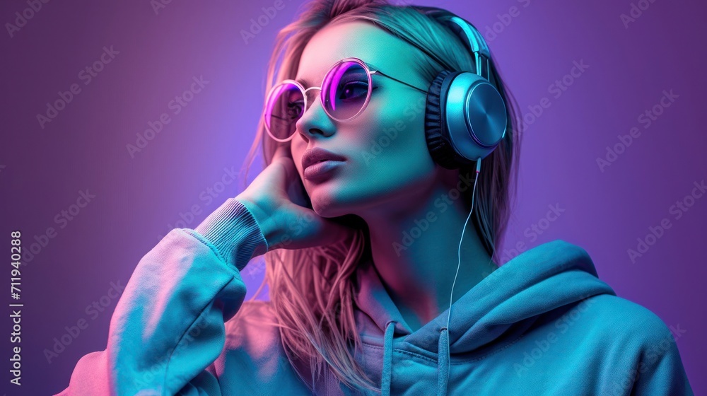 Woman Wearing Headphones and Hoodie Listening to Music at Home Generative AI