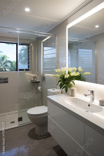 Modern bathroom interior with large shower and vanity