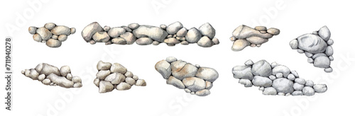 Watercolor illustration of a set of gray piles of stones. Natural elements of hard rock, pebbles, pellets, crushed stone isolated on white. For decorating the background of gardens, landscapes, parks, photo