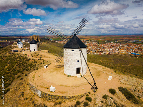 Aerial view of Route of Don Quixote with windmills in Consuegra, Spain