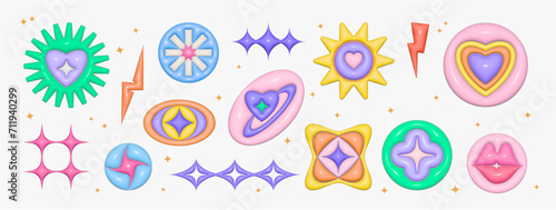 Set 3D plastic stickers. Stars, heart, kiss, abstract elements, geometric shapes, trendy, rainbow. Inflated colourful elements with plasticine effect. 