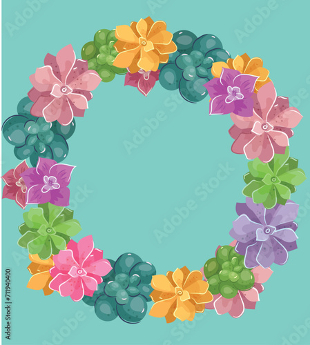 Floral frame with colorful flowers and green leaves on teal background. Flora...
