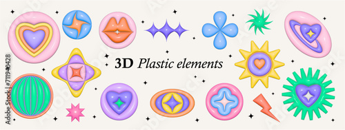 Set 3D plastic stickers. Stars, heart, kiss, abstract elements, geometric shapes, trendy, rainbow. Inflated colourful elements with plasticine effect. 