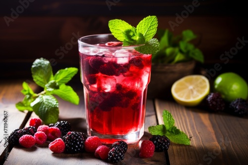 Close-up image of a vibrant red berry infusion beverage garnished with organic berries and mint on a rustic tabletop