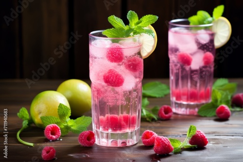 An enticing visual of a chilled raspberry and elderflower infusion drink adorned with fresh raspberries and elderflowers