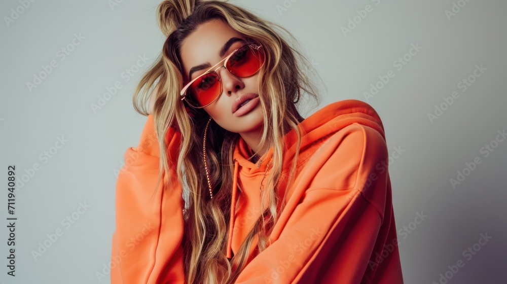 Woman in Orange Hoodie and Sunglasses Outdoors Portrait Photo. Generative AI Woman in Orange Hoodie and Sunglasses Outdoors Portrait Photo. Generative AI