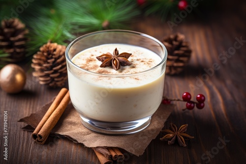 A Rustic Yuletide Setting Showcasing a Comforting Glass of Eggnog Topped with Nutmeg