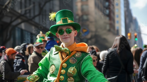 Daylight photo of a white smiling boy dressed in green festive clothing and glasses, celebrating St. Patrick's day at an outdoors parade. Concept of celebration, St. Patrick's day, Irish pride and hol photo