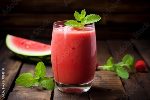 The Perfect Summer Refreshment: A Vibrant Watermelon Basil Smoothie on a Rustic Table Setting