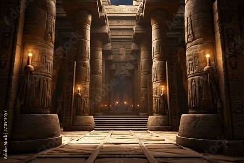 3D rendering of entrance to ancient Egyptian tomb or temple with stone columns. Generative AI photo