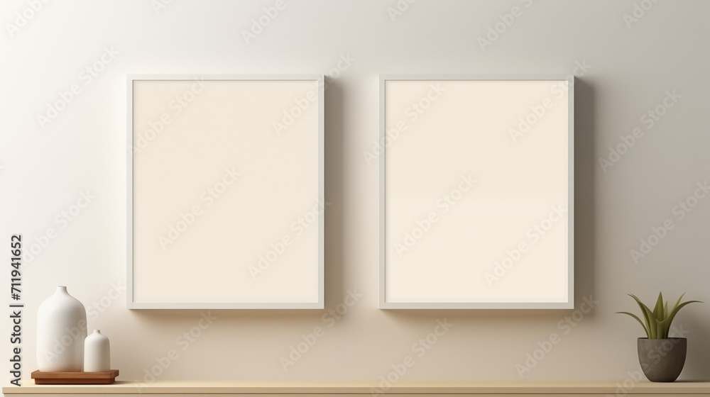 Two empty white frame on beige wall, minimalist design Two empty white frame on beige wall, minimalist design