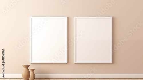 Two empty white frame on beige wall, minimalist design