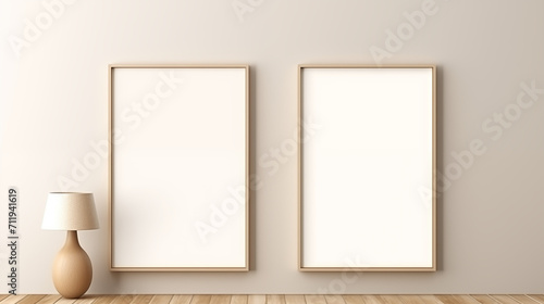 Two empty white frame on beige wall, minimalist design