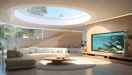 View of aesthetic eco-friendly house. A curved style minimalist sofa covered in fine fabric and a smart TV on the cream walls and the room is spacious. Environmentally friendly room concepts. © kingengine