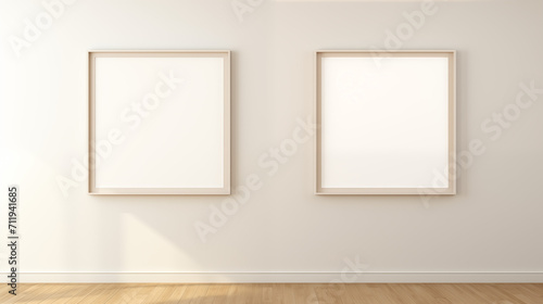 Two empty white frame on beige wall, minimalist design