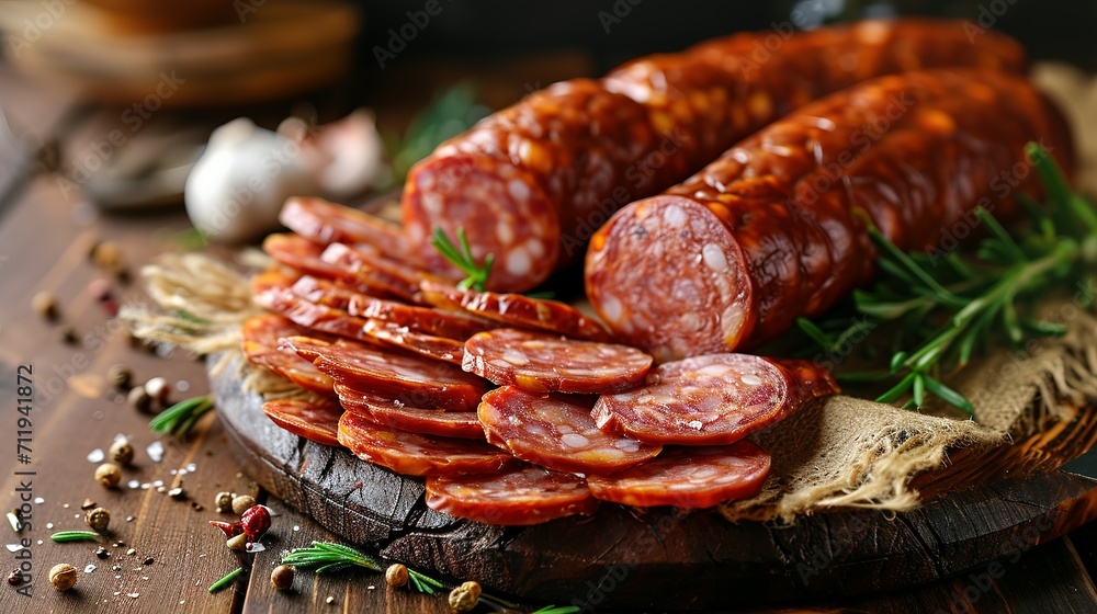 Fototapeta premium Sliced half-smoked sausages on wooden table. Traditional Chezh meat products