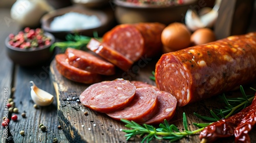 Sliced half-smoked sausages on wooden table. Traditional Chezh meat products