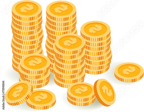 Stacks of gold coins with pound sterling currency symbol. Isometric UK money piles for financial concepts. Wealth accumulation, British economy. Vector illustration.