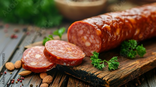 Sliced half-smoked sausages on wooden table. Traditional Chezh meat products photo