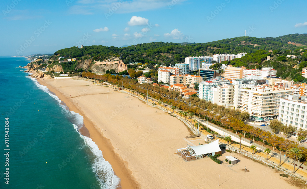 Aerial panoramic view from drone of Calella city in el Maresme, Catalonia, Spain
