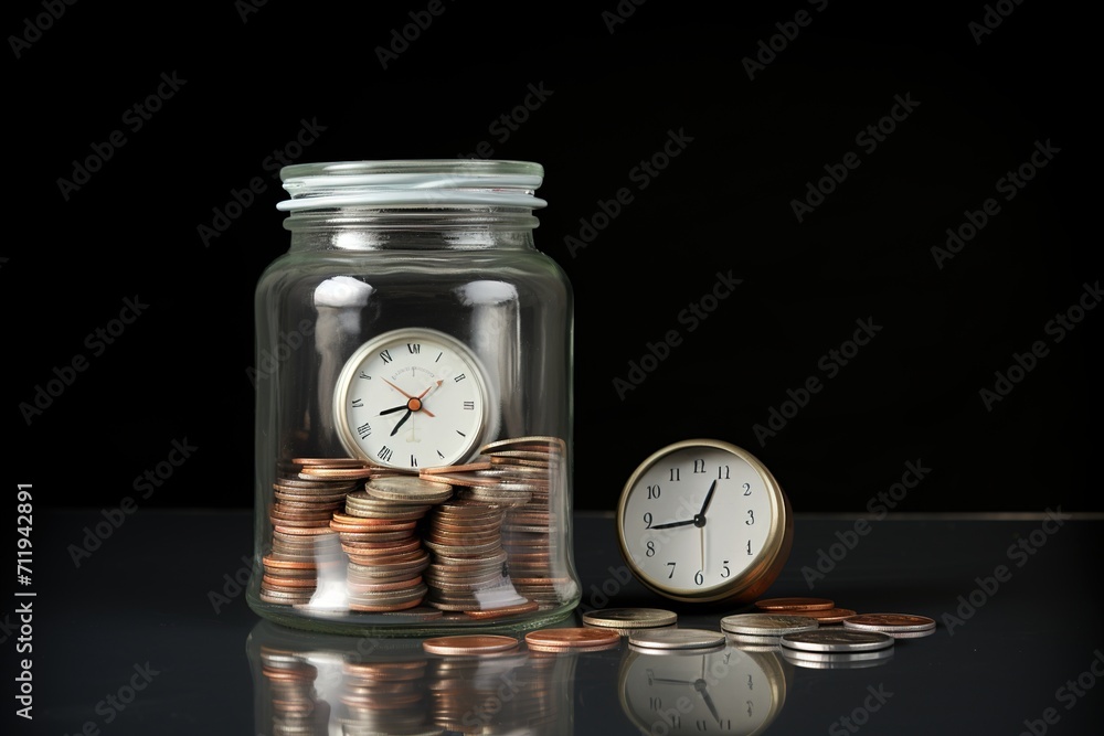 coins in a jar with an alarm clock coins in a jar with an alarm clock