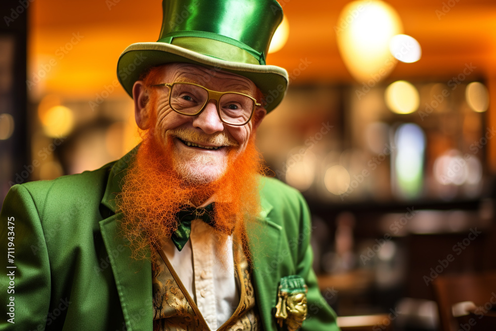 St. Patrick's Day, man dressed as leprechaun green suit with green hat, old man with a long red beard St. Patrick's Day, man dressed as leprechaun green suit with green hat, old man with a long red beard