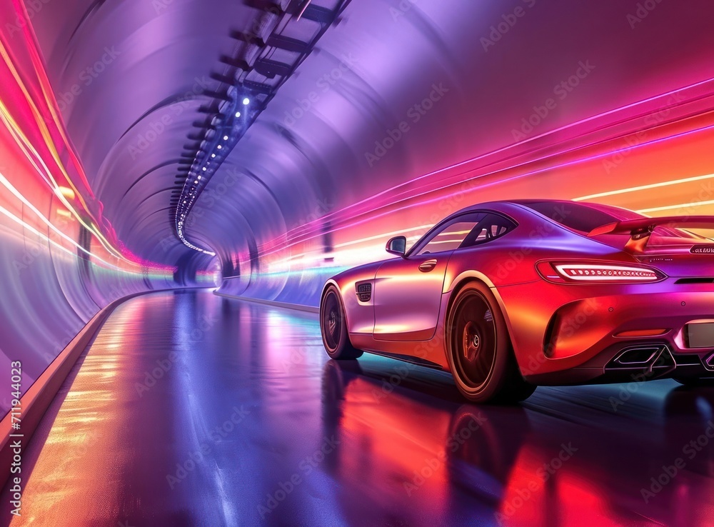Red Sports Car Speeding Through Tunnel Action Vehicle on Roadway Urban Generative AI
