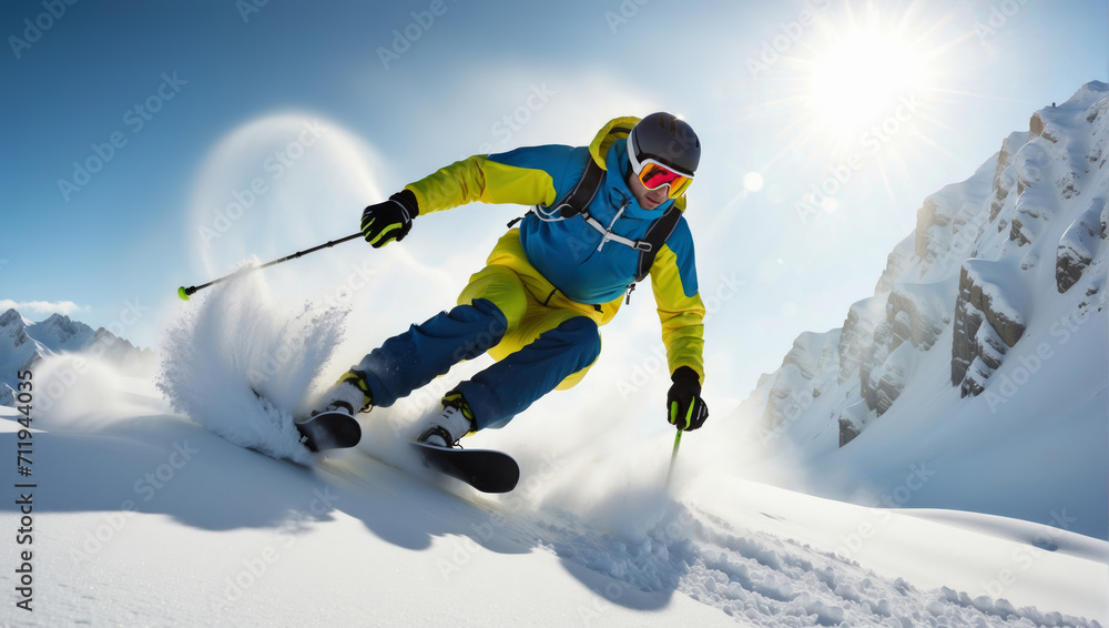 A skier in a yellow and blue jacket turns on a snowy slope.