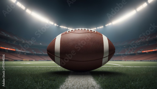 American football ball placed at the center of an empty stadium field, spotlight shining down on it, symbolizing the anticipation and excitement of the game, dramatic and impactful photo